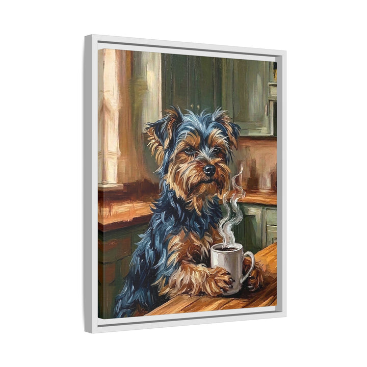 "Before Coffee" - Yorkie Vertical Framed Canvas - Dog Lover Wall Art