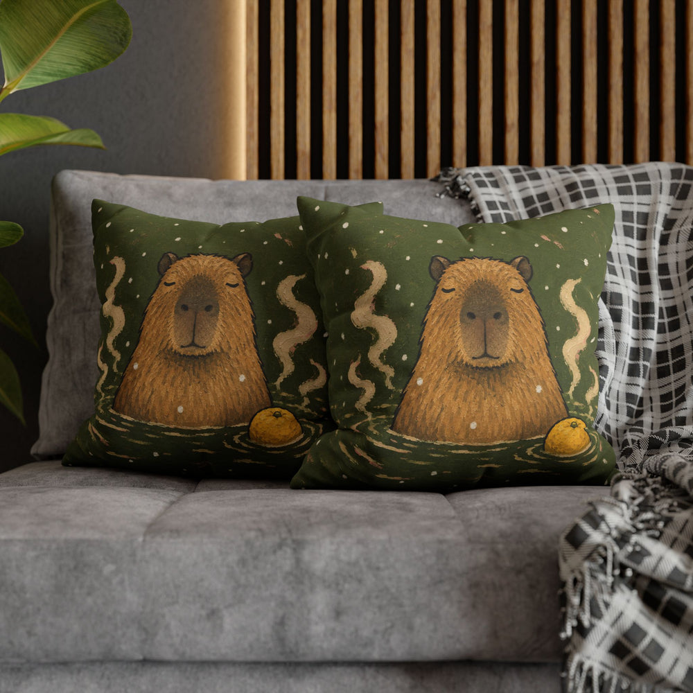 Onsen Master – Capybara Art with a Steaming Hot Spring and Snow – Pillow / Cover