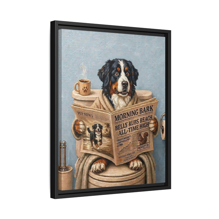 "Morning Business" - Bernese Mountain Dog Vertical Framed Canvas - Dog Lover Wall Art