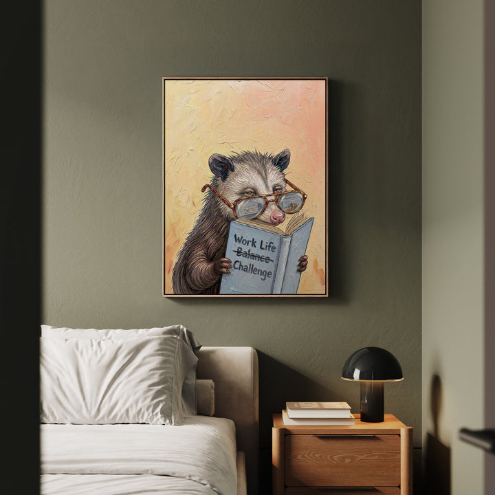 "Work Life Challange" - Opossum Vertical Framed Canvas - Animal Book Humor Wall Art