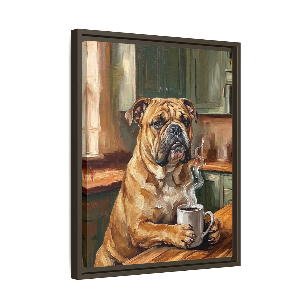 "Before Coffee" - English Bulldog Vertical Framed Canvas - Dog Lover Wall Art