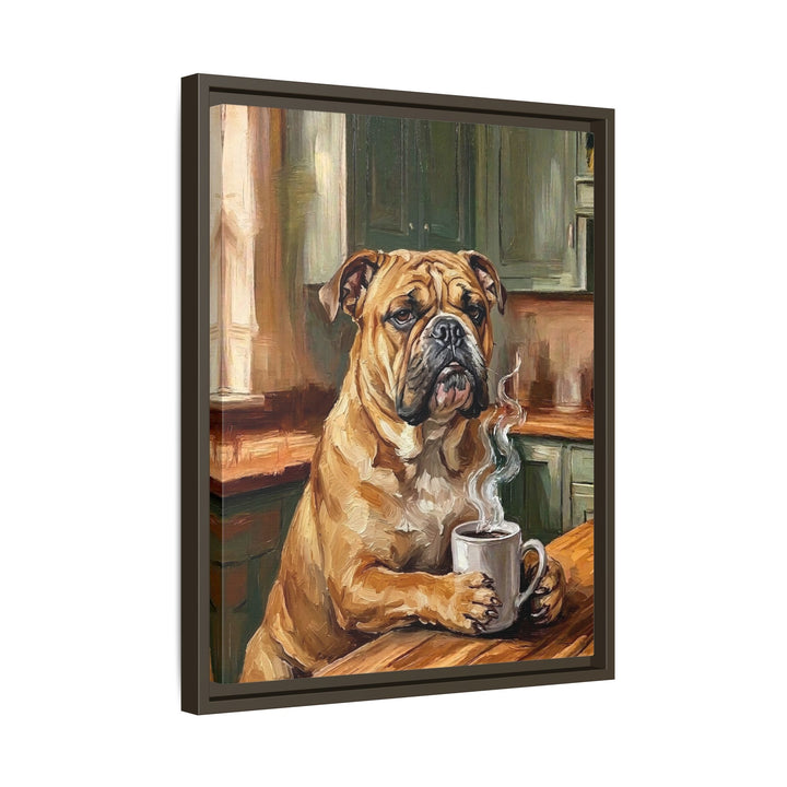 "Before Coffee" - English Bulldog Vertical Framed Canvas - Dog Lover Wall Art