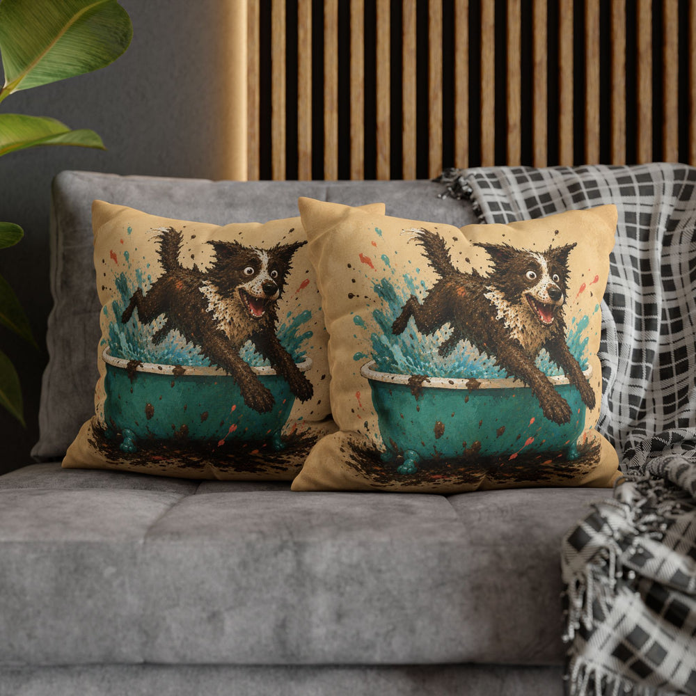 Mud Escape – Dog Bathroom Art with a Soapy Tub Getaway – Pillow / Cover