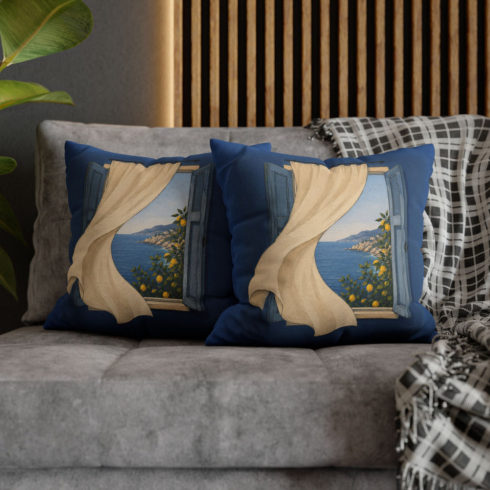 Open Window: Amalfi – Window Wall Art with a Curtain Onto Lemon Trees – Pillow / Cover