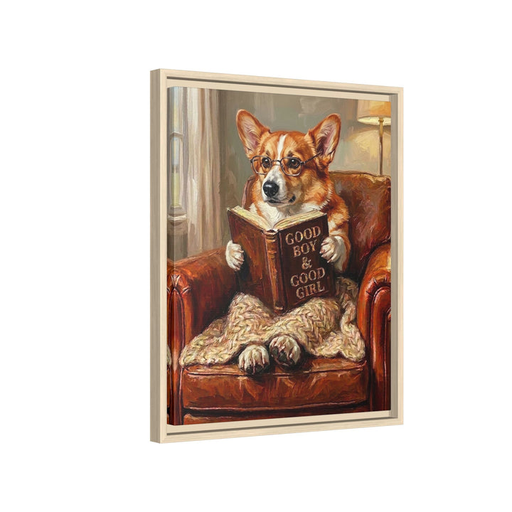 "Evening Read" - Corgi Vertical Framed Canvas - Dog Lover Wall Art