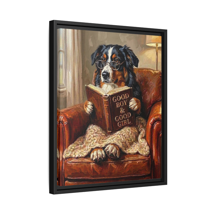 "Evening Read" - Australian Shepherd Vertical Framed Canvas - Dog Lover Wall Art