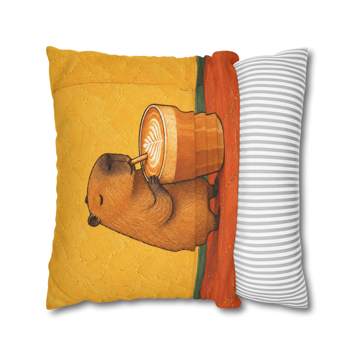 Latte Capybara – Coffee Wall Art with a Calm Rodent in a Sunlit Cafe – Pillow / Cover