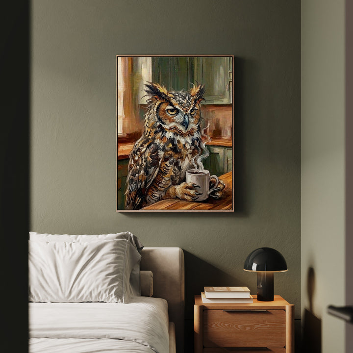 "Coffee & Silence" - Owl Vertical Framed Canvas - Spirit Animal Wall Art