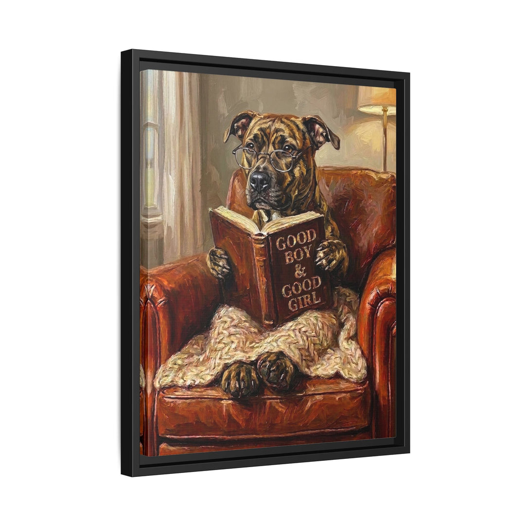 "Evening Read" - Pit Bull Vertical Framed Canvas - Dog Lover Wall Art