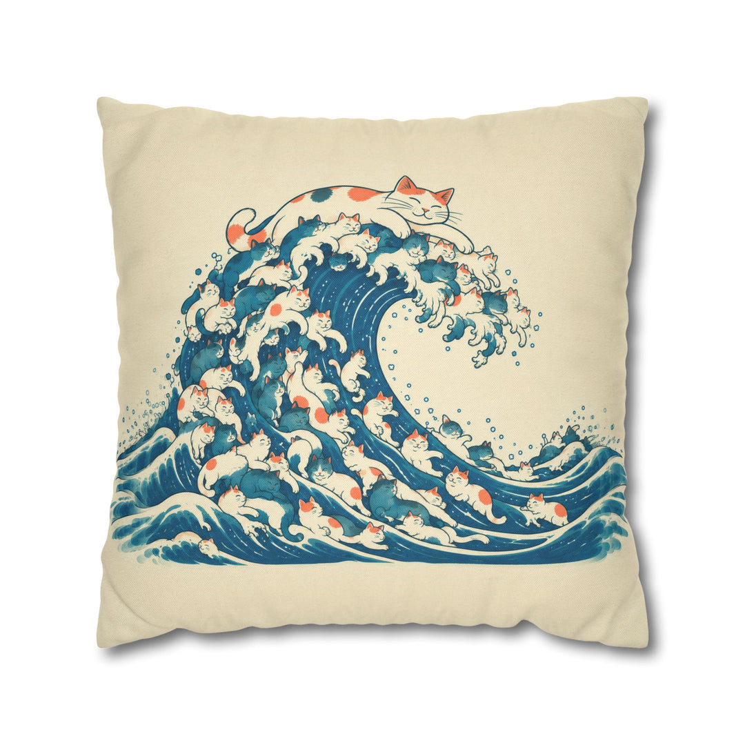 The Great Wave of Fur – Whimsical Wall Art with a Woodblock Swell of Cats – Pillow / Cover