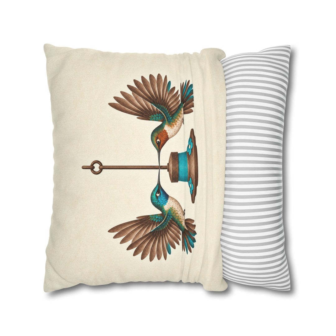 Hummingbird Standoff – Hummingbird Art with Two Hovering at One Feeder – Pillow / Cover