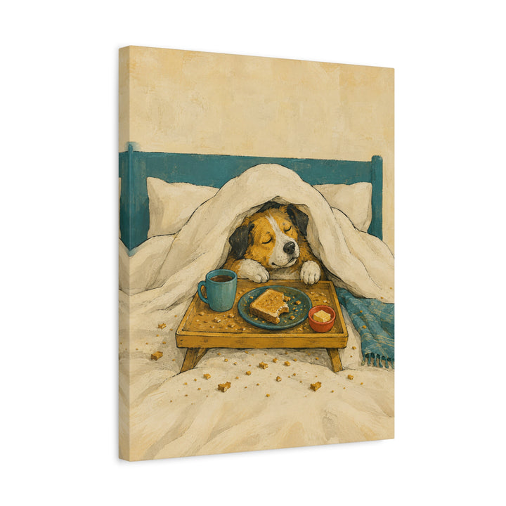 Breakfast in Bed – Funny Dog Art with a Duvet Tray and Toast Crumbs – Canvas / Framed Canvas