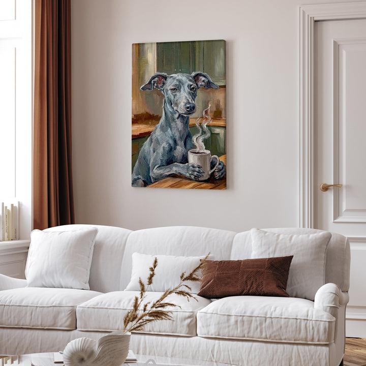 "Before Coffee" - Italian Greyhound Vertical Canvas - Dog Lover Wall Art