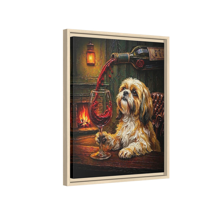 "Wine & Woof" - Shih Tzu Vertical Framed Canvas - Dog Lover Wall Art