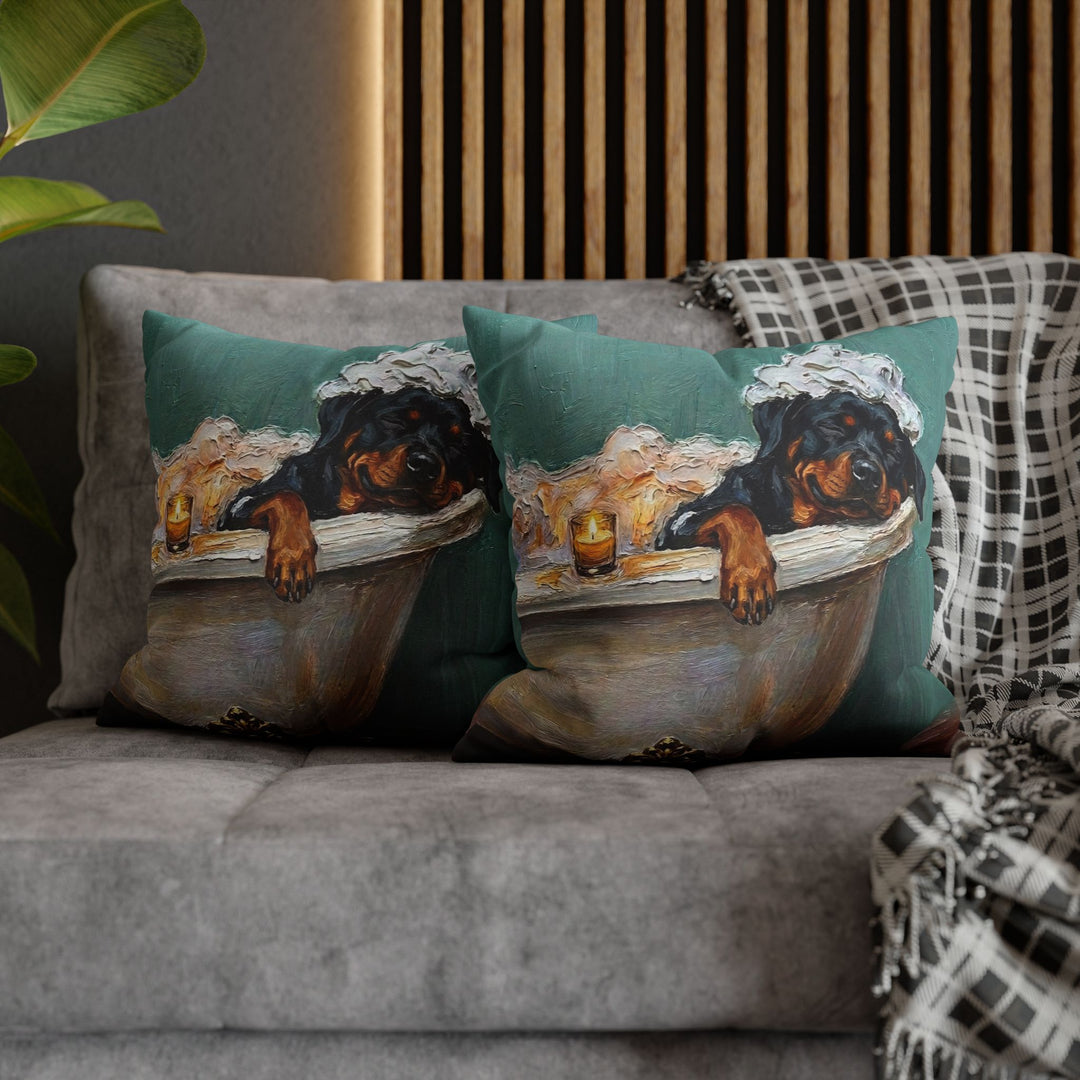 "Spa Day" - Rottweiler Throw Pillow - Dog Lover Wall Art Home Decor