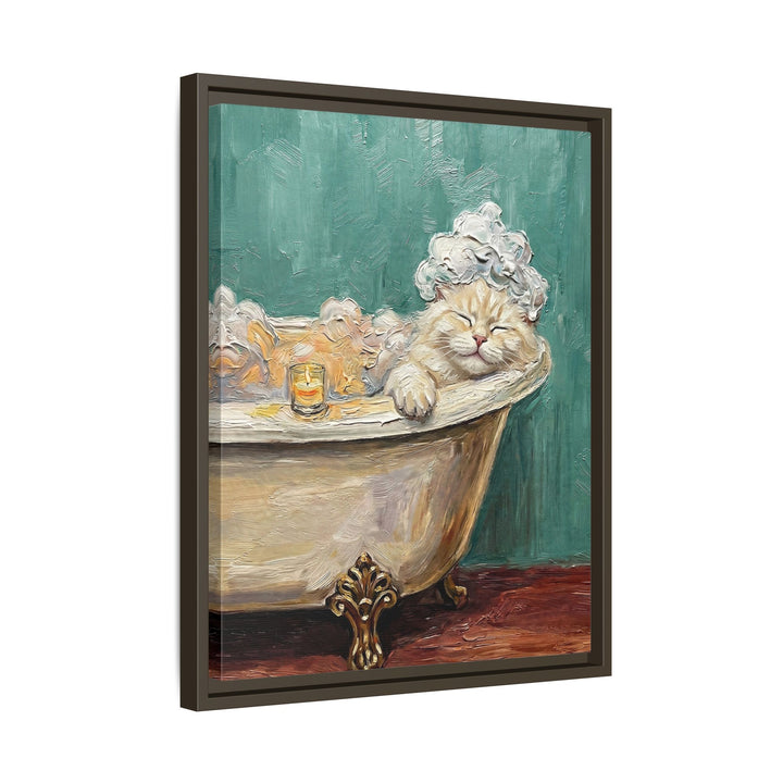 "Spa Day" - Fluffy White Cream Longhair Vertical Framed Canvas - Cat Lover Wall Art