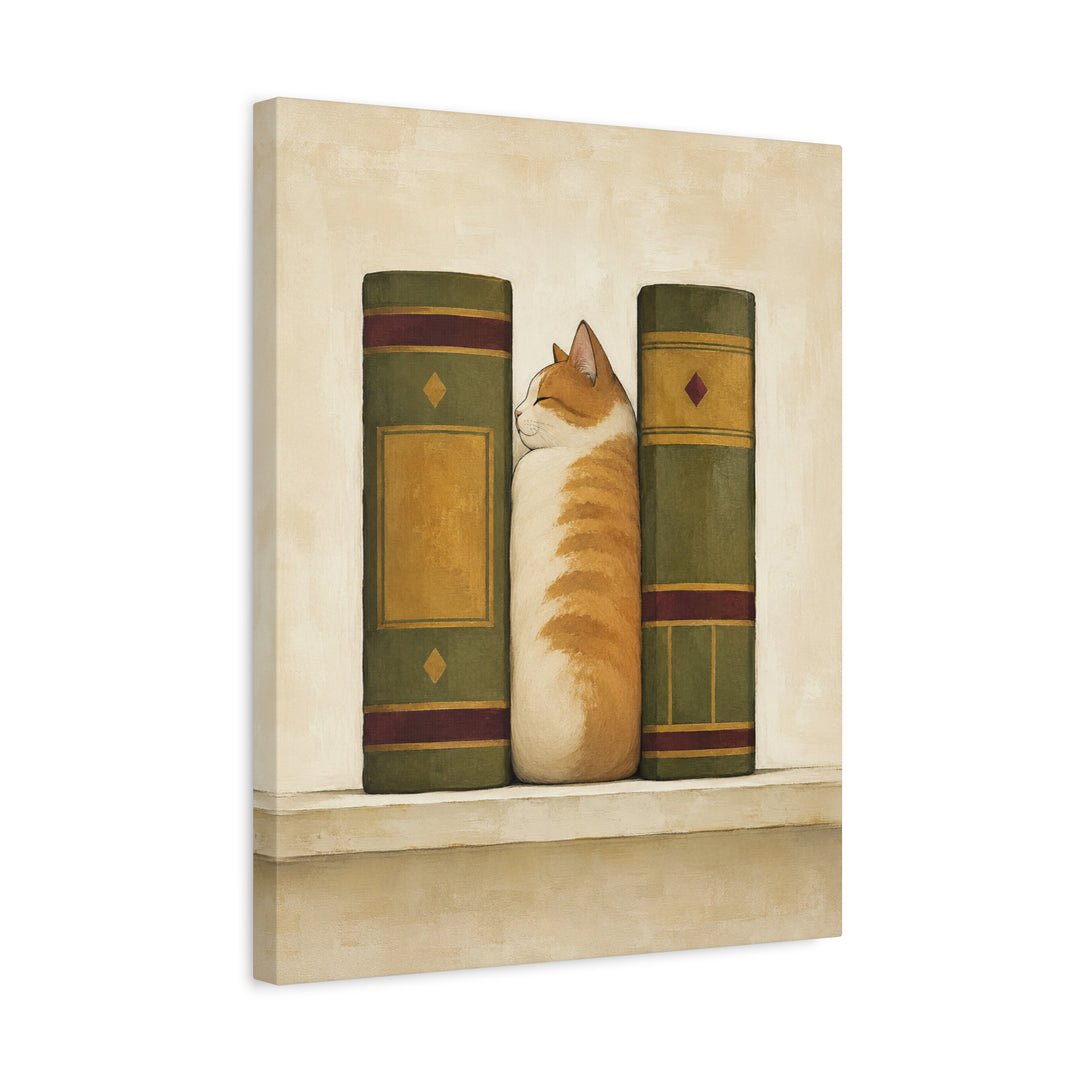 Shelf Loaf – Bookish Wall Art with a Cat Between Two Spines – Canvas / Framed Canvas