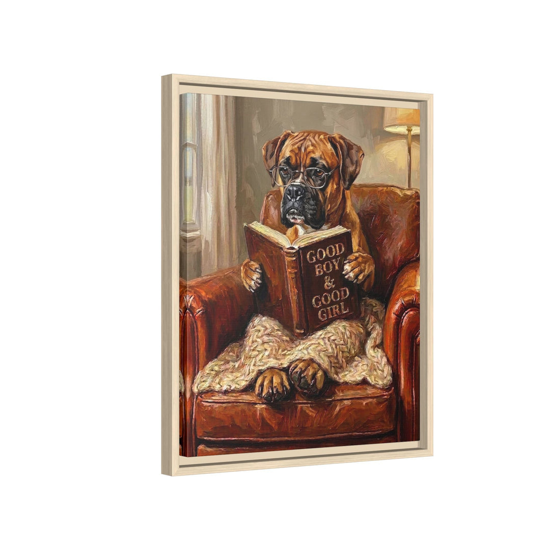 "Evening Read" - Boxer Vertical Framed Canvas - Dog Lover Wall Art