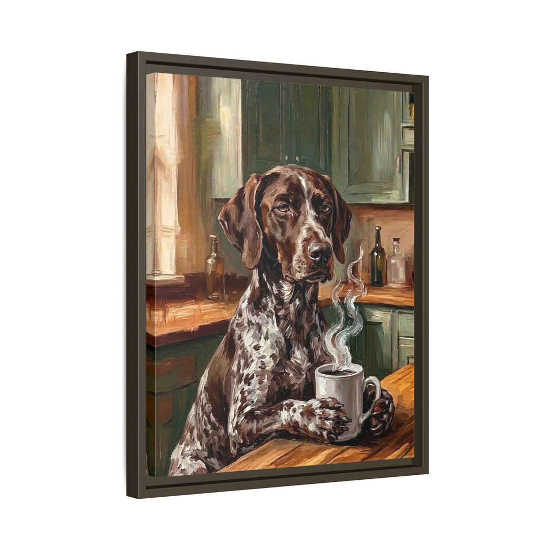 "Before Coffee" - German Shorthaired Pointer Vertical Framed Canvas - Dog Lover Wall Art