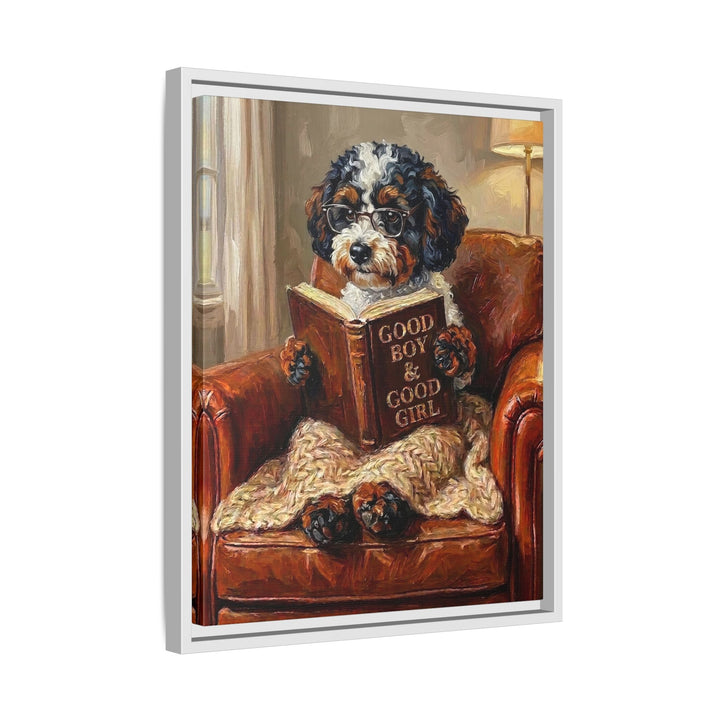 "Evening Read" - Bichon Frise Vertical Framed Canvas - Dog Lover Wall Art