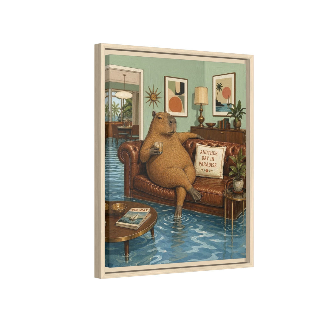 "Another Day in Paradise" - Capybara Vertical Framed Canvas - Dark Burnout Humor Wall Art