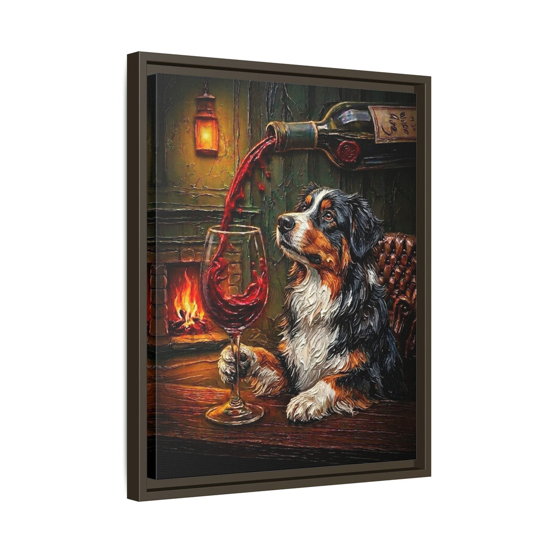 "Wine & Woof" - Australian Shepherd Vertical Framed Canvas - Dog Lover Wall Art