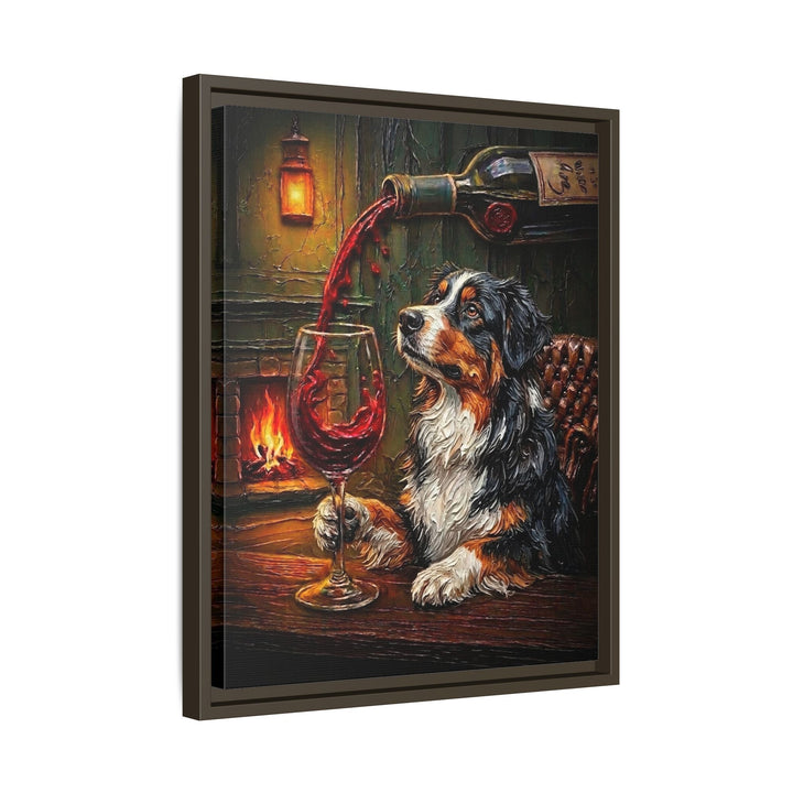 "Wine & Woof" - Australian Shepherd Vertical Framed Canvas - Dog Lover Wall Art