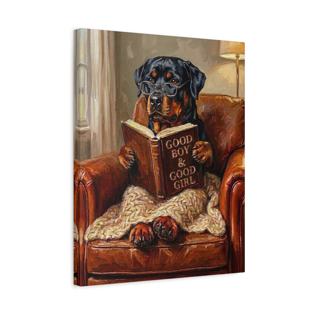 "Evening Read" - Rottweiler Vertical Canvas - Dog Lover Wall Art