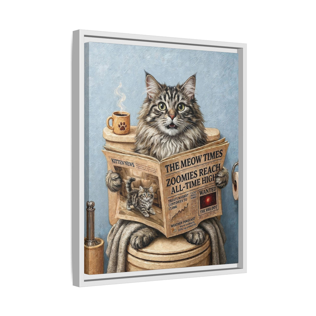 "Morning Business" - Fluffy Tabby Longhair Vertical Framed Canvas - Cat Lover Wall Art