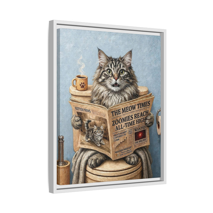 "Morning Business" - Fluffy Tabby Longhair Vertical Framed Canvas - Cat Lover Wall Art