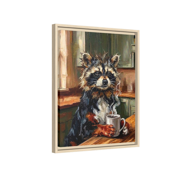 "Coffee & Silence" - Raccoon Vertical Framed Canvas - Spirit Animal Wall Art