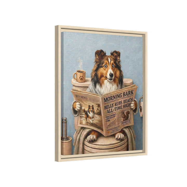 "Morning Business" - Shetland Sheepdog Vertical Framed Canvas - Dog Lover Wall Art