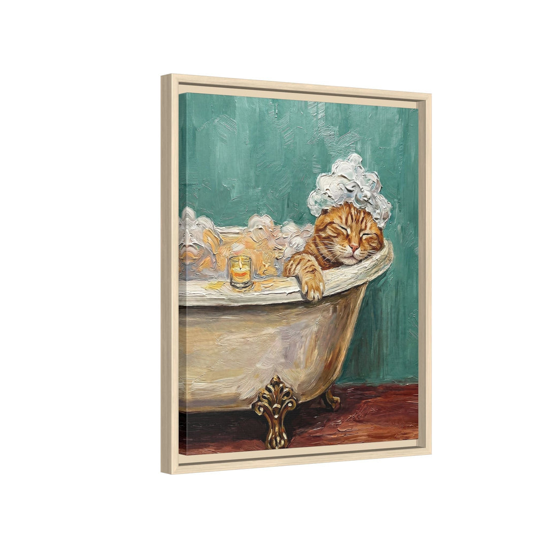 "Spa Day" - Orange Ginger Tabby Vertical Framed Canvas - Cat Lover Wall Art