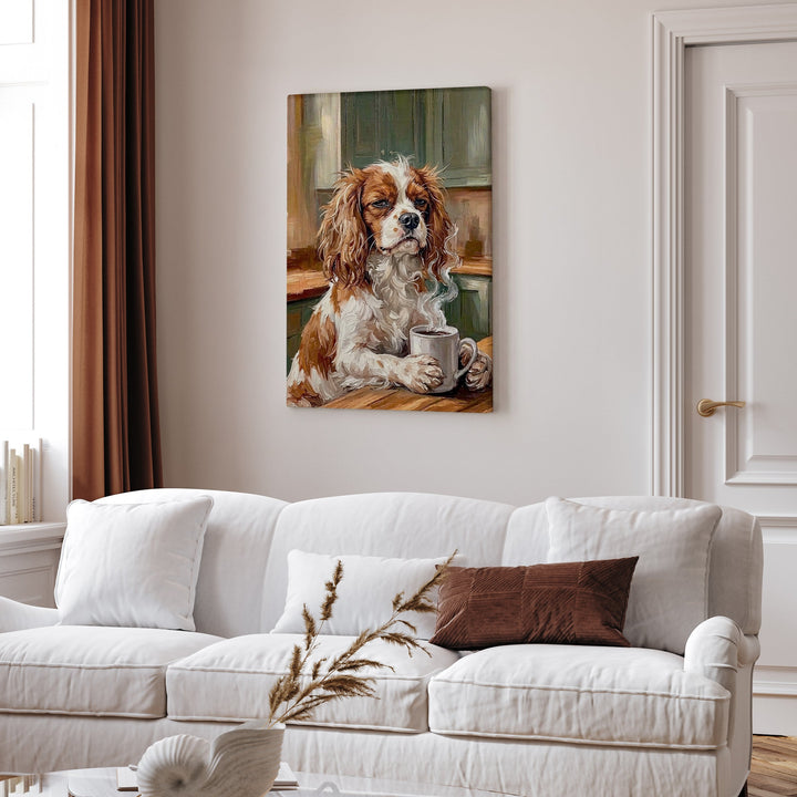 "Before Coffee" - Cavalier King Charles Vertical Canvas - Dog Lover Wall Art