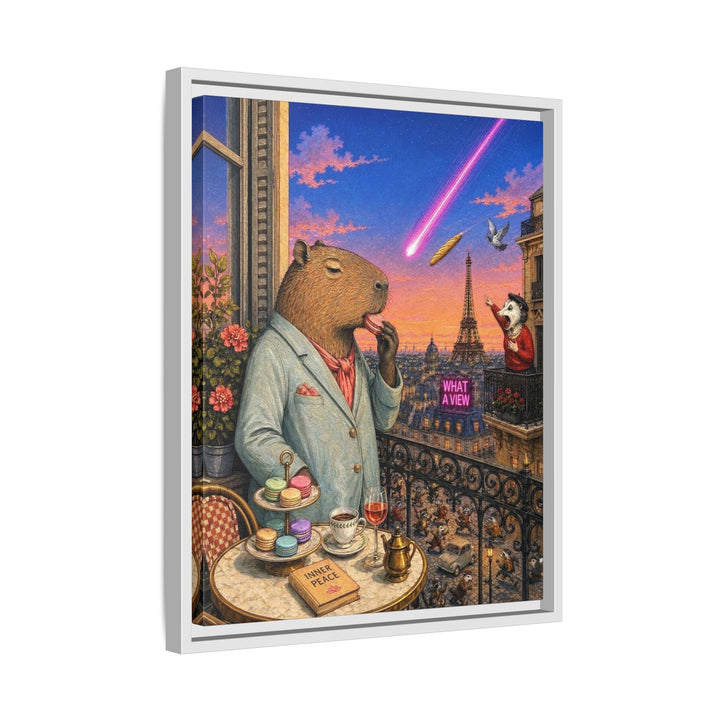 "What a View" - Capybara Vertical Framed Canvas - Dark Burnout Humor Wall Art