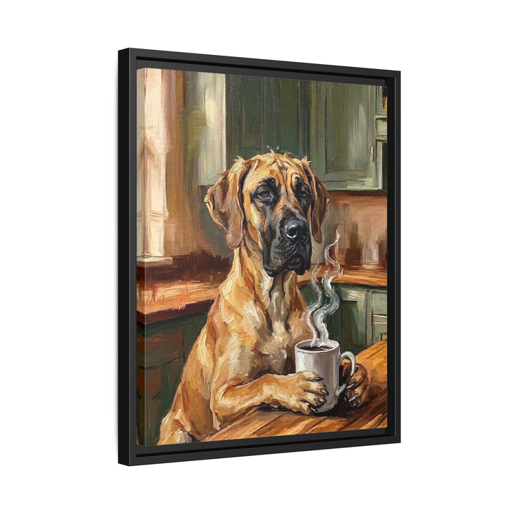 "Before Coffee" - Great Dane Vertical Framed Canvas - Dog Lover Wall Art