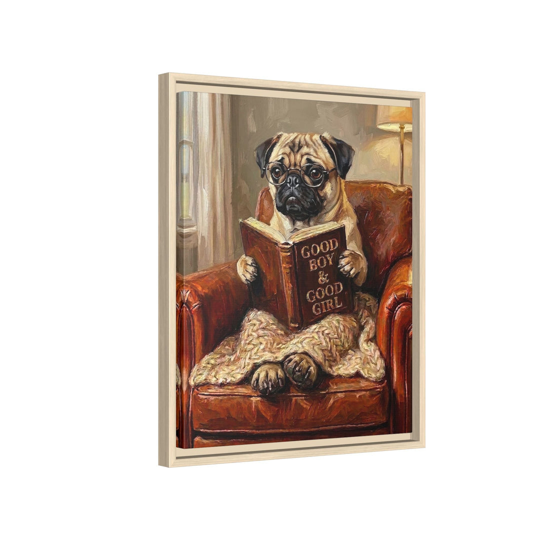 "Evening Read" - Pug Vertical Framed Canvas - Dog Lover Wall Art