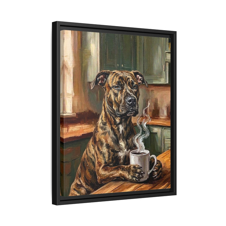 "Before Coffee" - Pit Bull Vertical Framed Canvas - Dog Lover Wall Art
