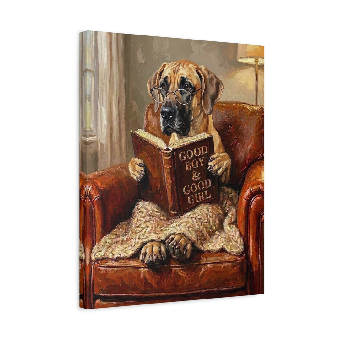 "Evening Read" - Great Dane Vertical Canvas - Dog Lover Wall Art