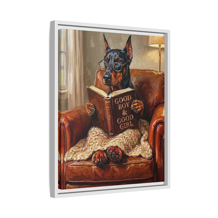 "Evening Read" - Doberman Vertical Framed Canvas - Dog Lover Wall Art