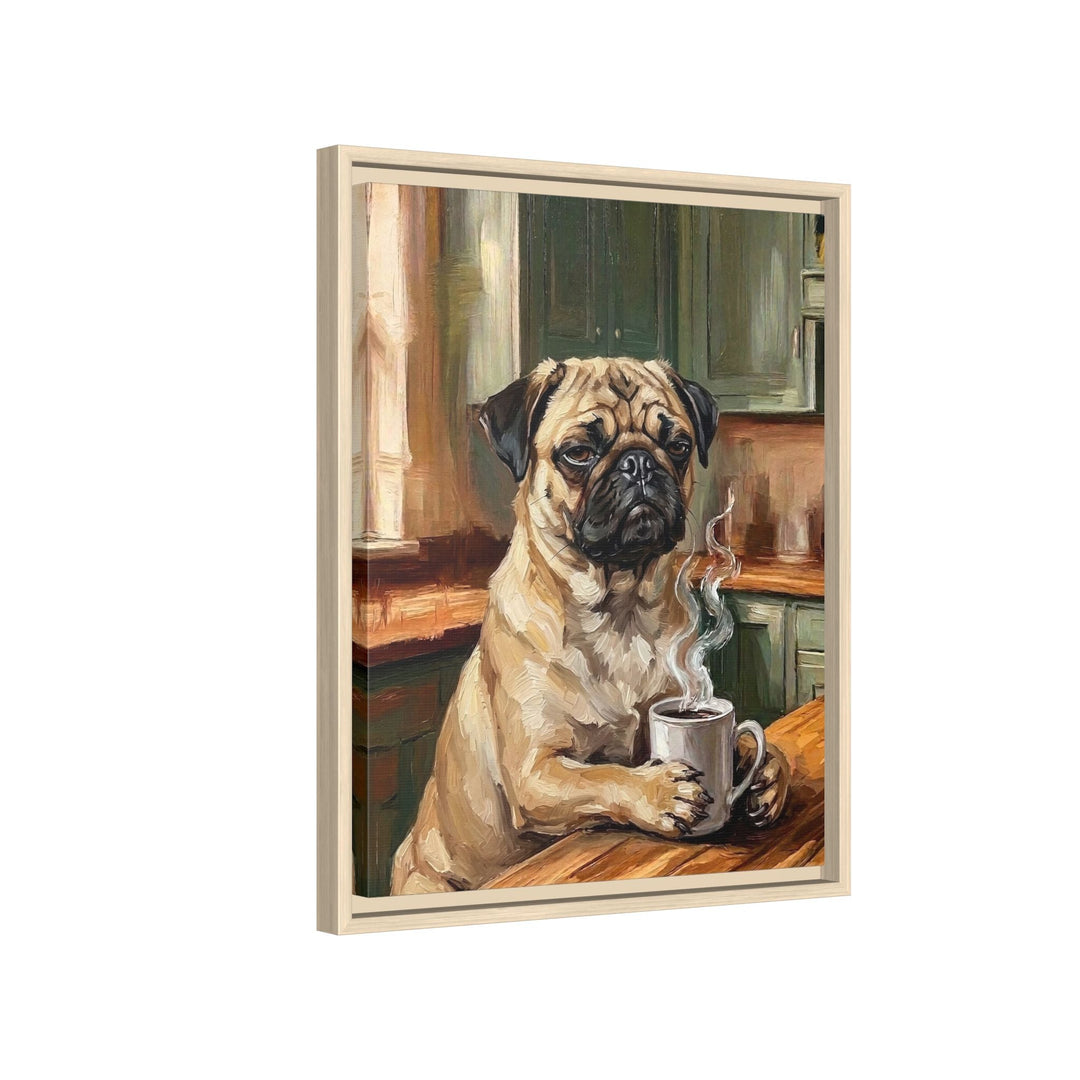 "Before Coffee" - Pug Vertical Framed Canvas - Dog Lover Wall Art