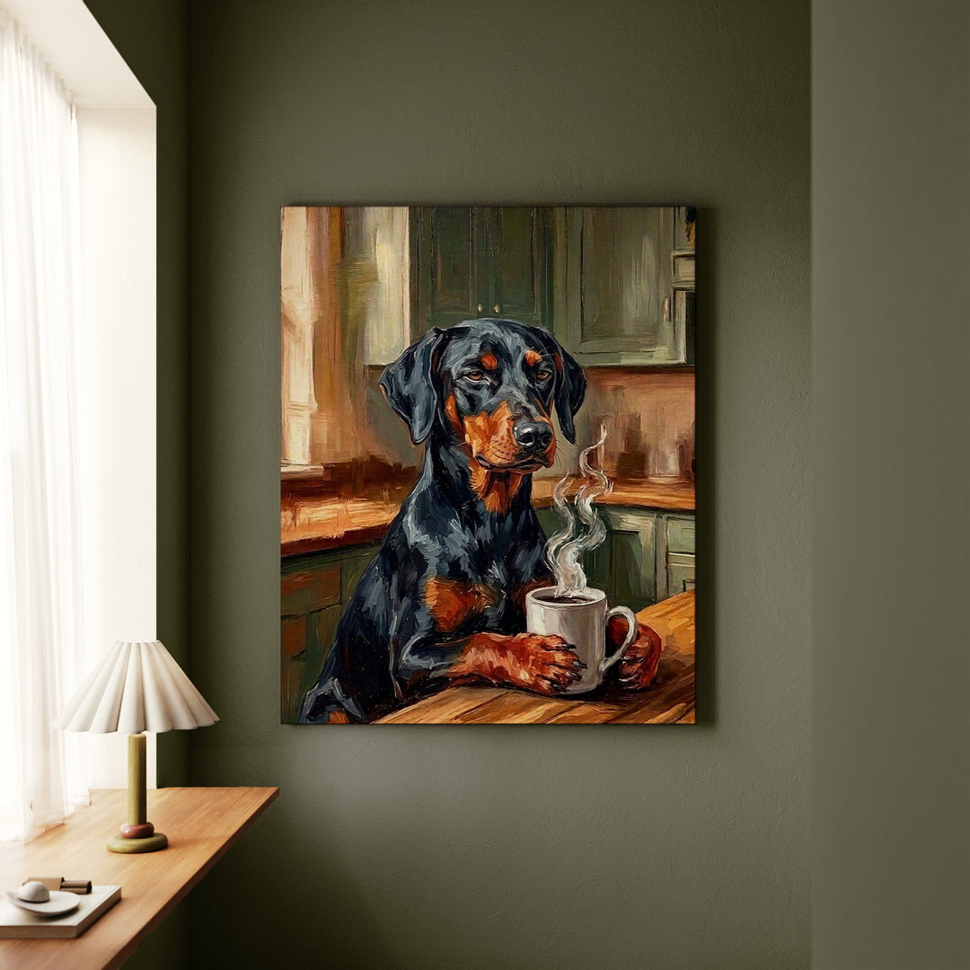 Doberman Before Coffee Canvas