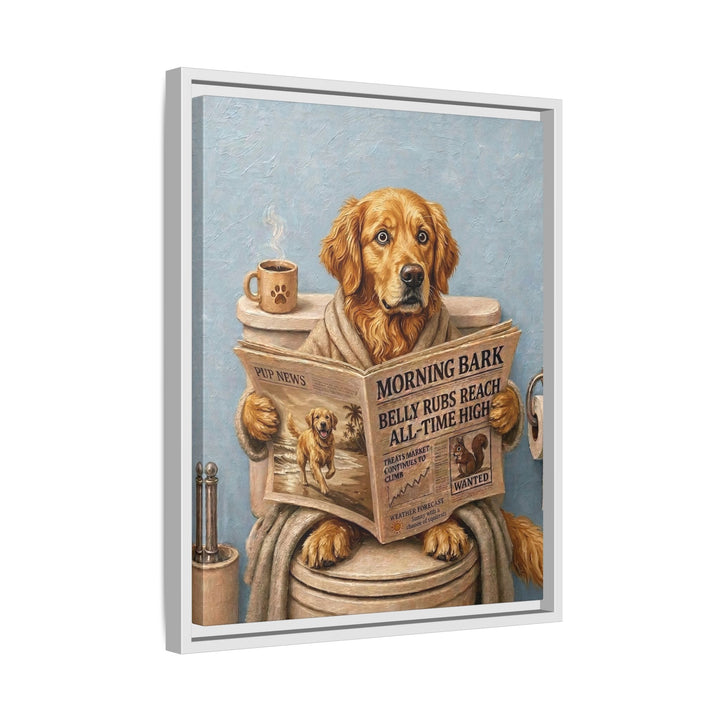 "Morning Business" - Golden Retriever Vertical Framed Canvas - Dog Lover Wall Art
