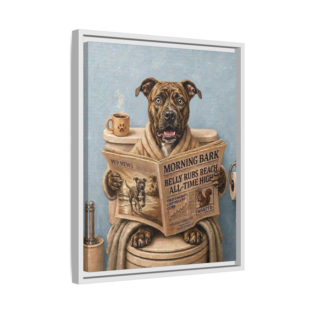 "Morning Business" - Pit Bull Vertical Framed Canvas - Dog Lover Wall Art