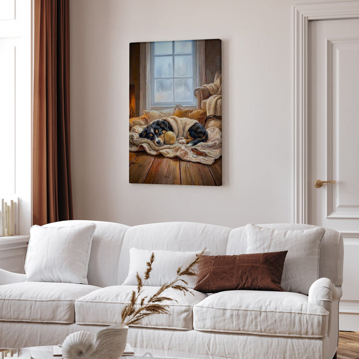 "Calm Memories" - Australian Shepherd Vertical Canvas - Dog Lover Wall Art