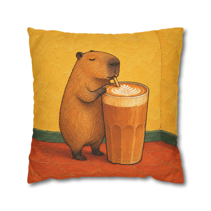 Latte Capybara – Coffee Wall Art with a Calm Rodent in a Sunlit Cafe – Pillow / Cover