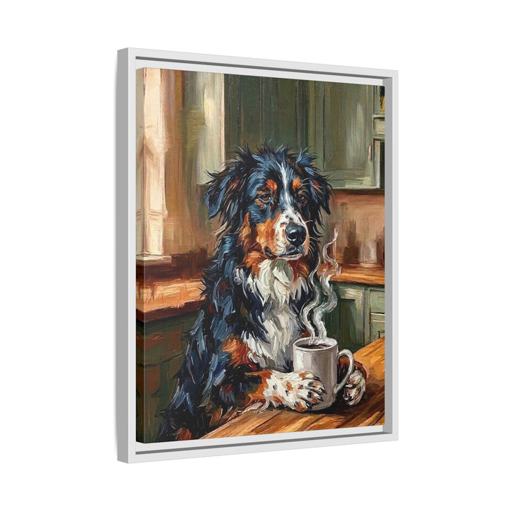 "Before Coffee" - Australian Shepherd Vertical Framed Canvas - Dog Lover Wall Art