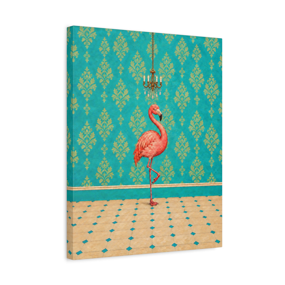 Powder Room Poser – Powder Room Art with a Flamingo and Chandelier – Canvas / Framed Canvas