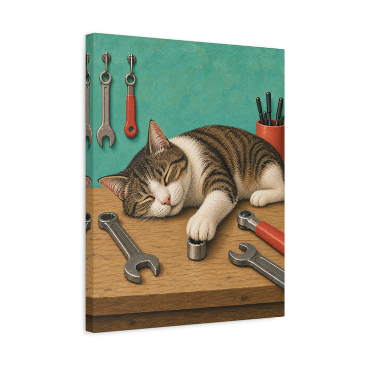 Shop Cat – Garage Wall Art with a Sleeper on the Workbench – Canvas / Framed Canvas