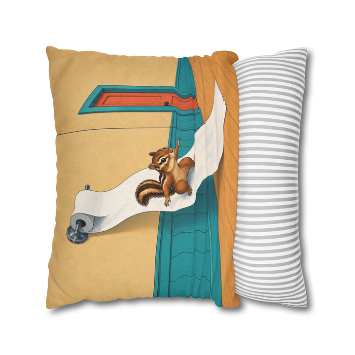 The Great Unroll – Funny Toilet Art with a Chipmunk Riding the Roll – Pillow / Cover